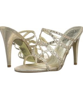 Adrianna Papell Leather Metallic Mules/Sandal Strappy Embellished Heeled Sandals